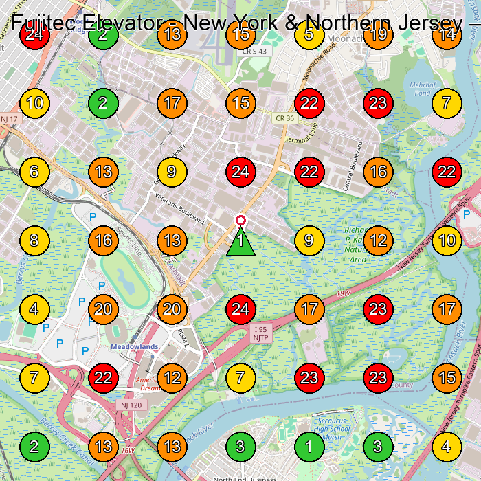 Fujitec Elevator - New York & Northern Jersey Elevator Service GeoGrid ranking map for Carlstadt NJ